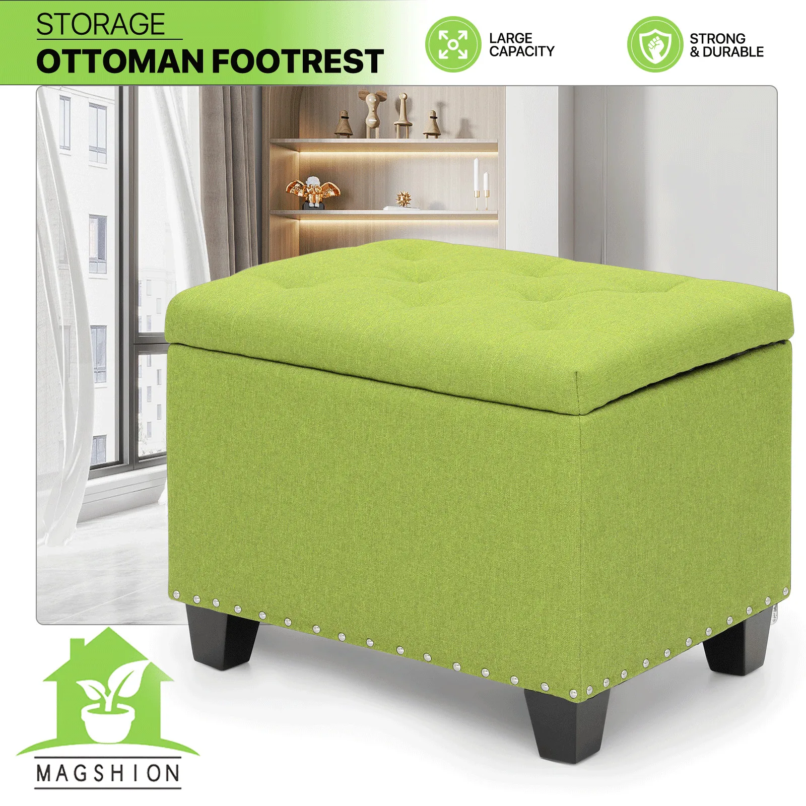 

24" Green Lift Top Tufted Storage Poufs Ottoman Bench Upholstered Footrest Stool