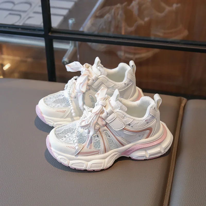 

2025 Summer New Children's Basketball Shoes Breathable Girls School Sneakers Non-slip Sweet Pearl Kids Causal Running Sneakers