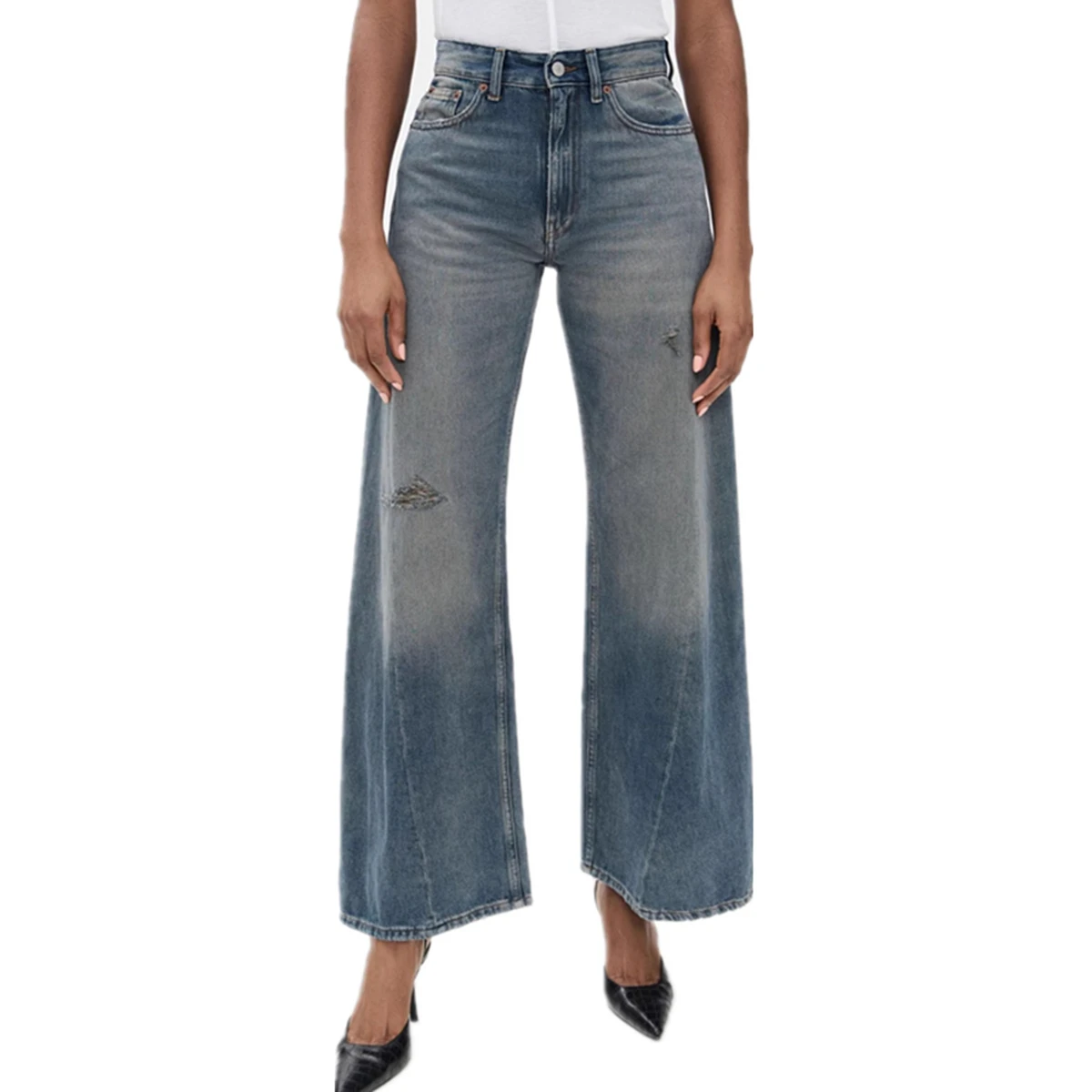 

Withered Minimalist Women's Retro Mid-waist Twisted Leg Distressed Loose Ripped Flared Jeans For Women Wide Leg Denim Pants