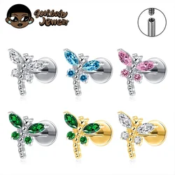 ASTM F136 TItanium Mini Dragonfly Labret Piercing with Cubic Zirconia Ear Helix Flat Tragus Earring Nose Ring Lip Piercing