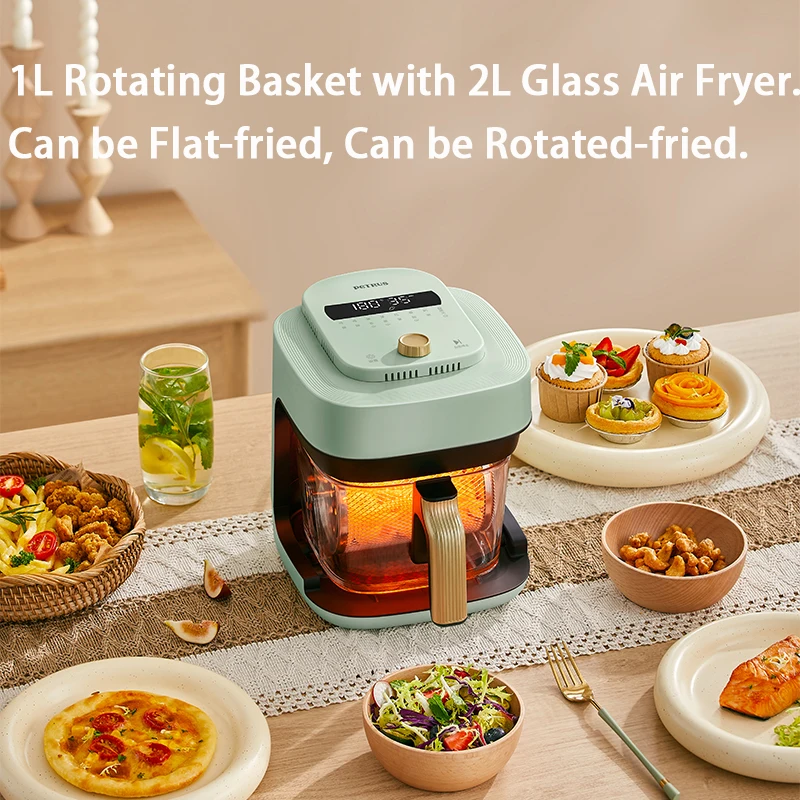 Petrus Air fryer Large Capacity  Transparent Visibility Rotating Basket  No-flip Cooking Multiple Functions  Smart Menu  PE7720