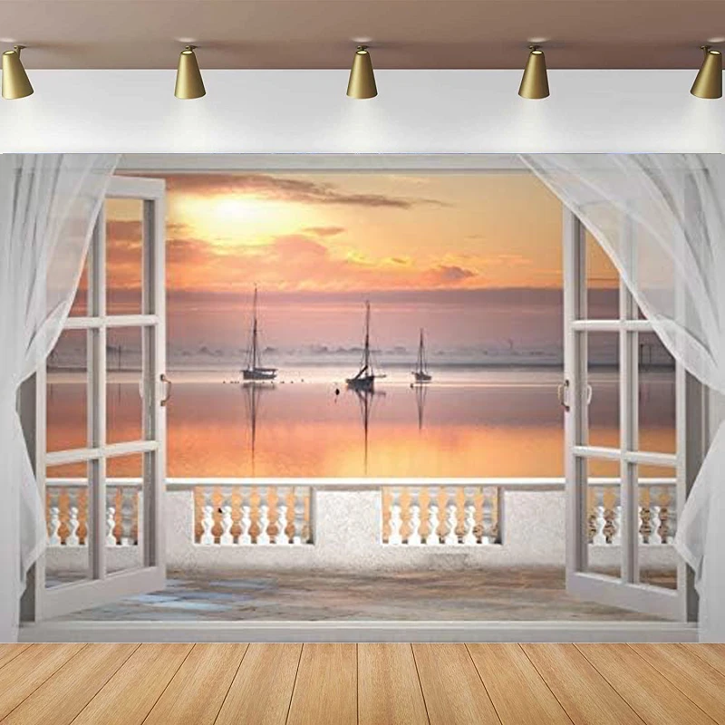Fondo para Fotografía de Atardecer, Playa, Naturaleza, Costa, Verano, Isla Tropical, Escena de Ventana, Accesorios para Estudio Fotográfico al Aire Libre