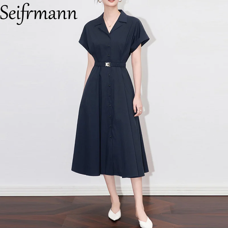 

Seifrmann Women's Simple Commuter Dress V-Neck Short-Sleeved Single Button Slim Solid Dresses Spring Summer 2025 New With Belt