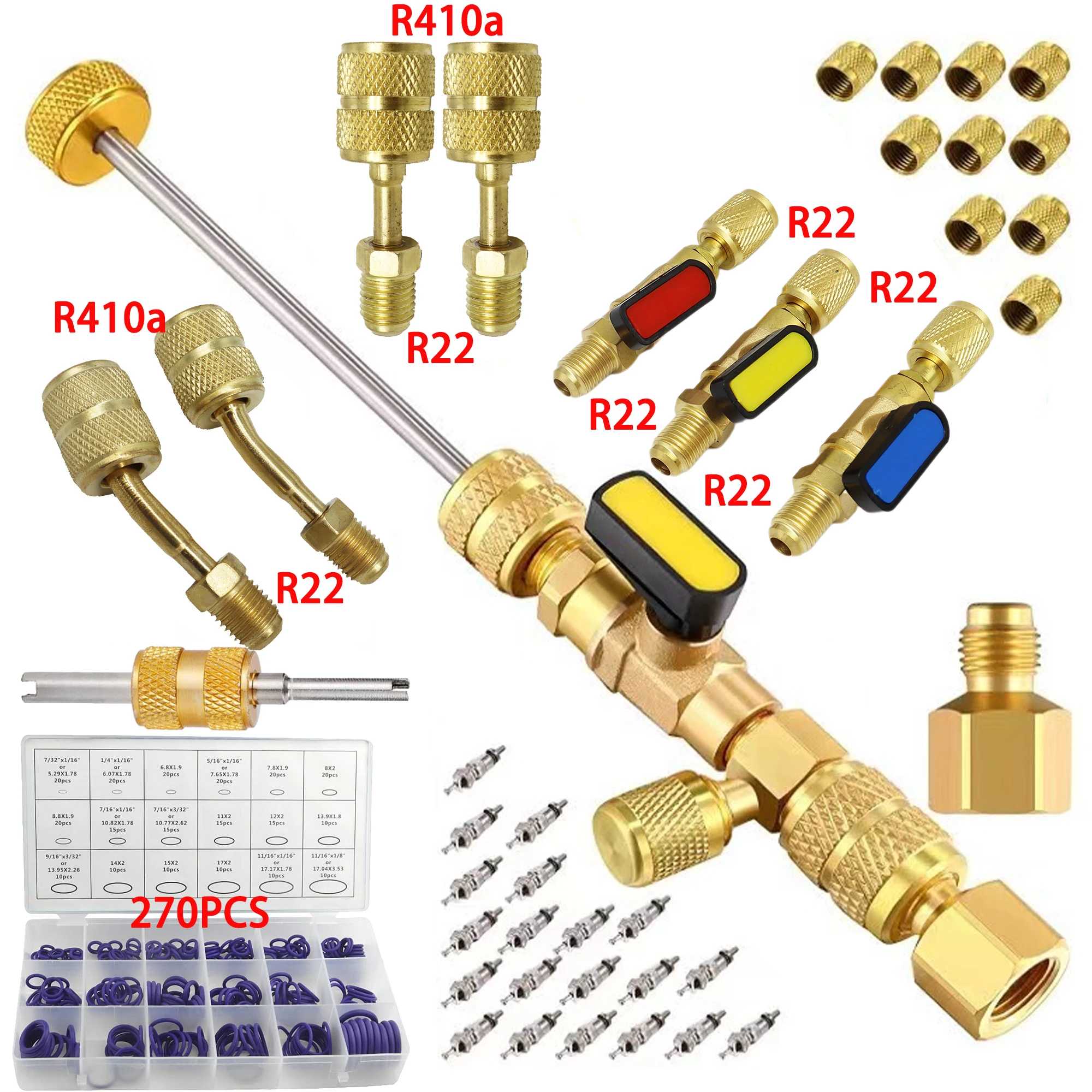 R134A cut-off ball valve adapter 270Pcs automotive air conditioning O-ring kit R410A R22 valve core disassembly and installation