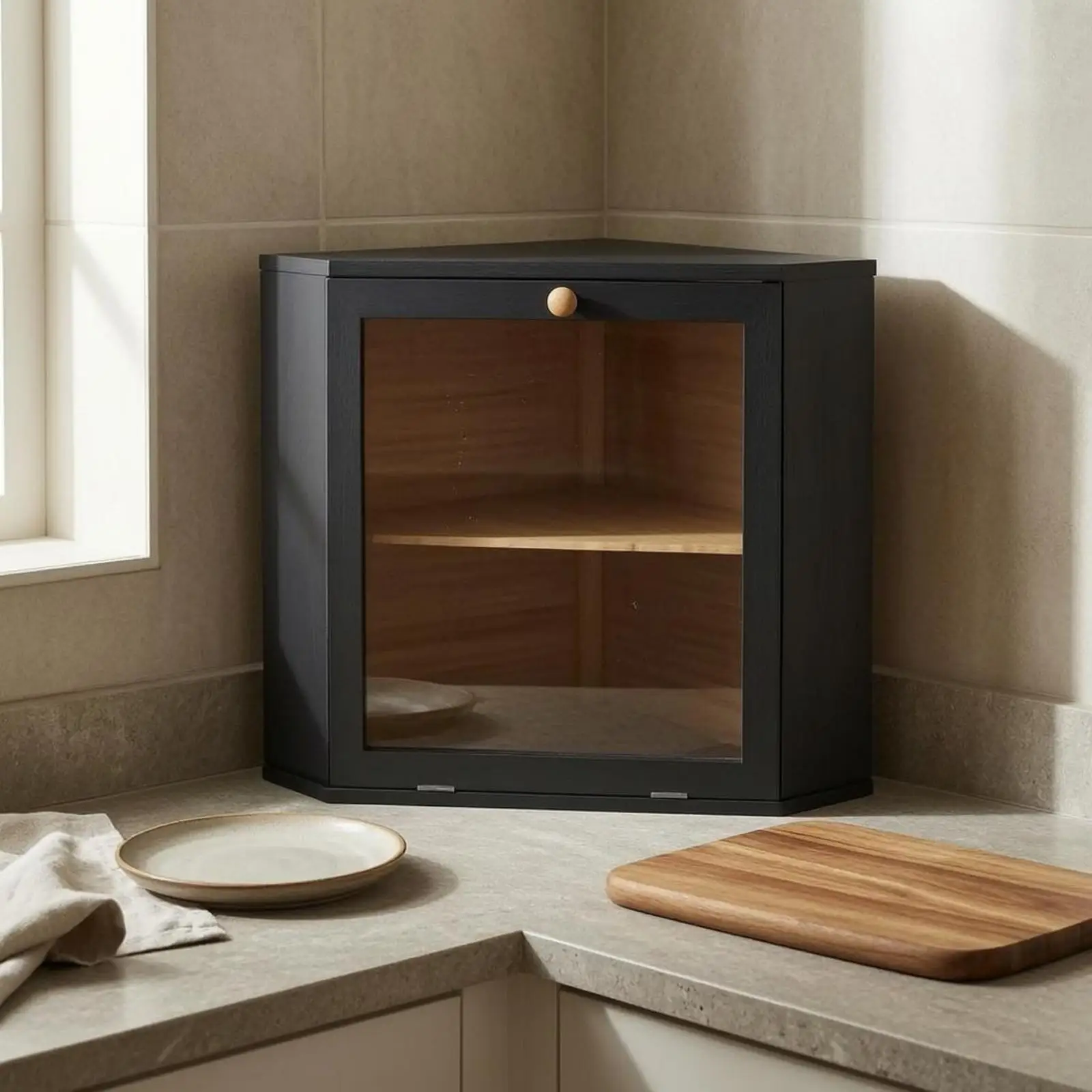 Corner Bread Storage Transparent Acrylic Door Wooden Bread Holder Air Vents