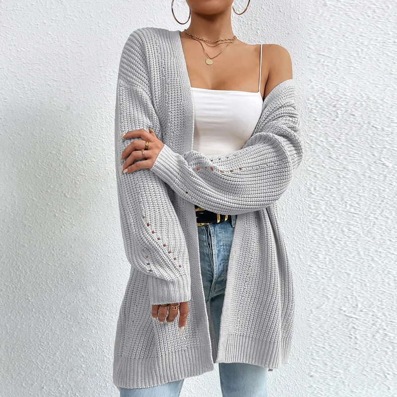 

2025 autumn and winter new loose medium long sweater jacket knitted cardigan V-neck solid color knitted sweater