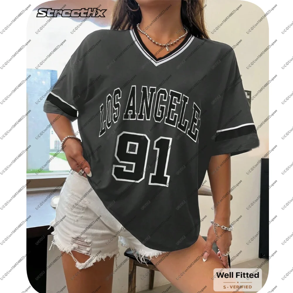 لوس أنجلوس 91 فتاة تي شيرت المرأة الصيف الخامس الرقبة تي شيرت Harajuku الاتجاه قصيرة الأكمام المرأة الشارع الشهير رسالة رياضية المحملة هدية