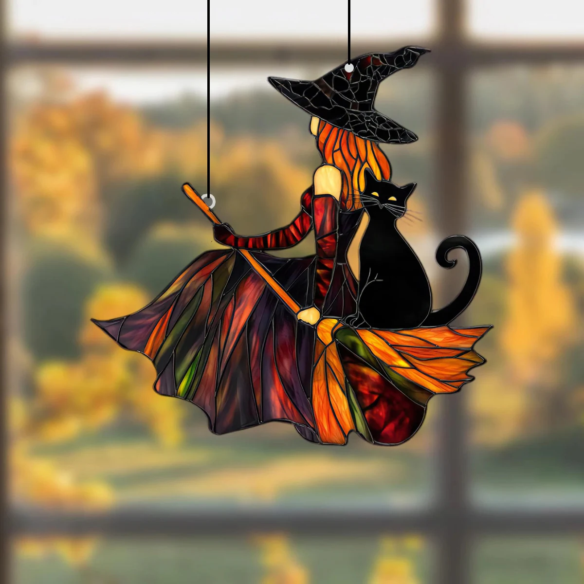 Gothic Acrylic Witch &Black Cat Suncatcher, Halloween Window Decoration Wind Chime, Broom Witch Hanging Ornament for Home JJ1454