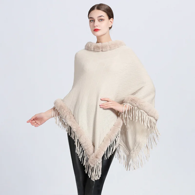 Poncho Tassel Shawl Faux Fur Collar Women's ARGYLE Pattern Cape Fringed Asymmetric Cover Up Diamond Shawl