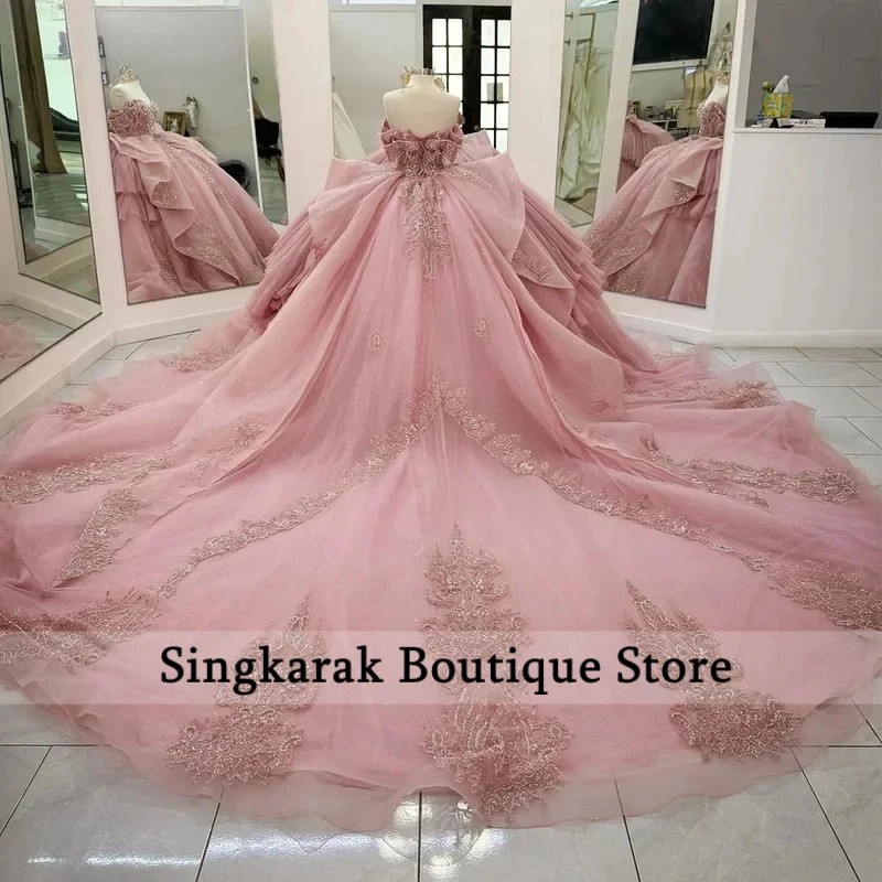 Pink Quinceanera Dresses Ball Gown Off The Shoulder Appliques Beaded Sweet 16 Dresses 15 Años Mexican Customized image 4