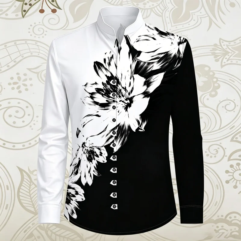 Men's Shirt Floral Print Stand Up Collar Shirt Long Sleeved Shirt Outdoor Street Style Trendy Casual Personalized men's Top