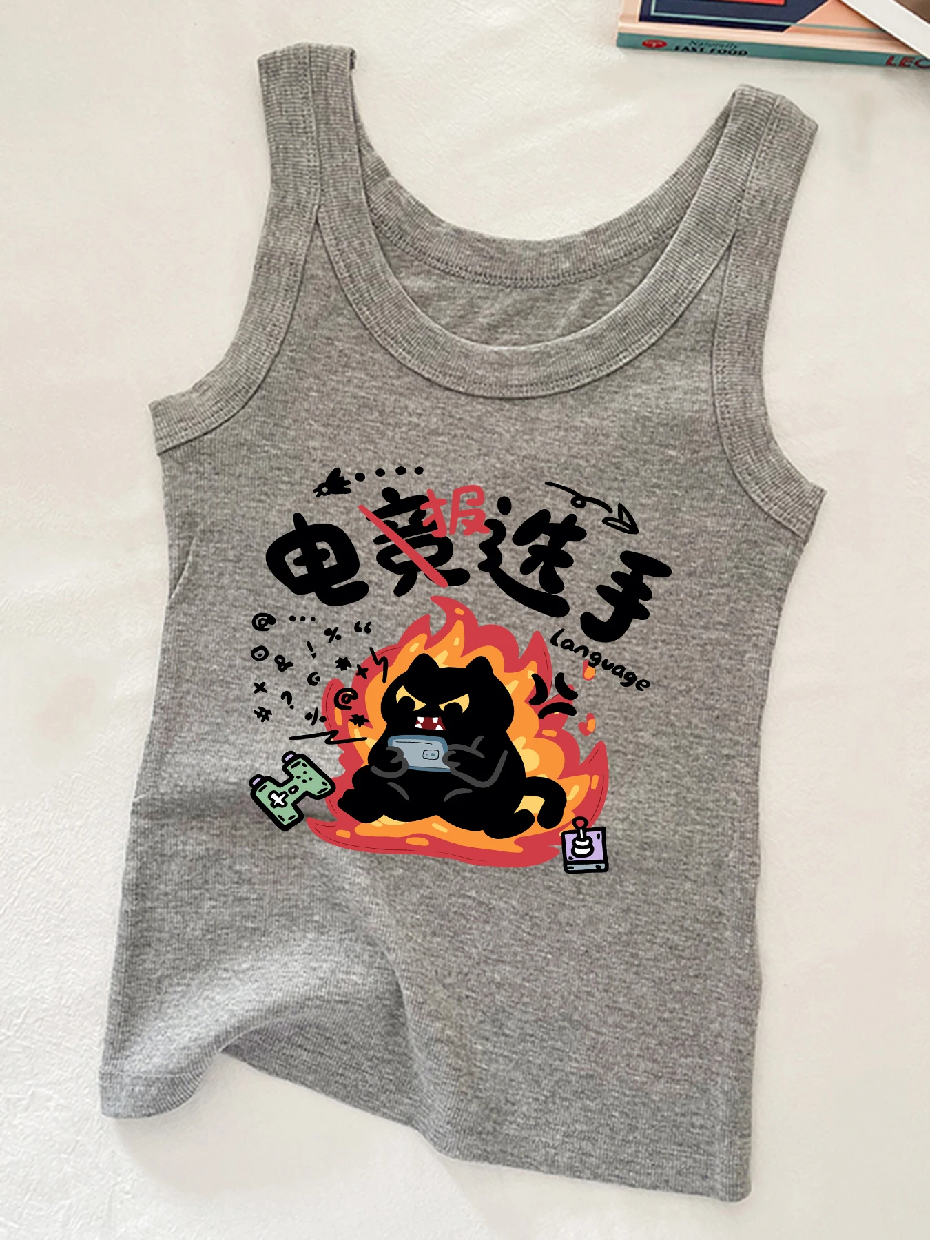 The Irritable Cat Is Playing Games Prints Threaded Vest Soft Top Women Fashion Singlet Breathable Tops Casual Sleeveless Tee