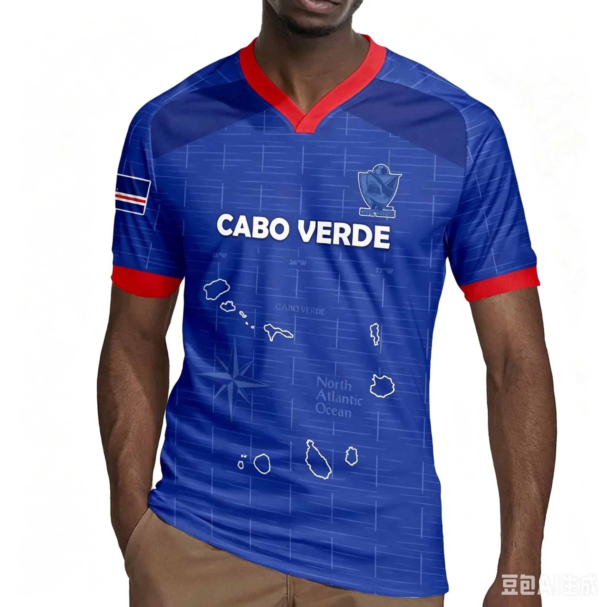Men V Neck Soccer Jersey Cabo Verde Football 3D Full Print T Shirt Flag Red Cuff Short Sleeve Sports Training Casual Tops  Male