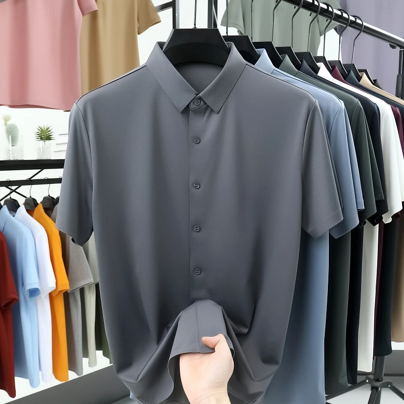 

2026 New Shirt Men's Short Sleeved Plus Size Summer Ice Silk Seamless Light Luxury High-end Casual Jujube Red Shirt