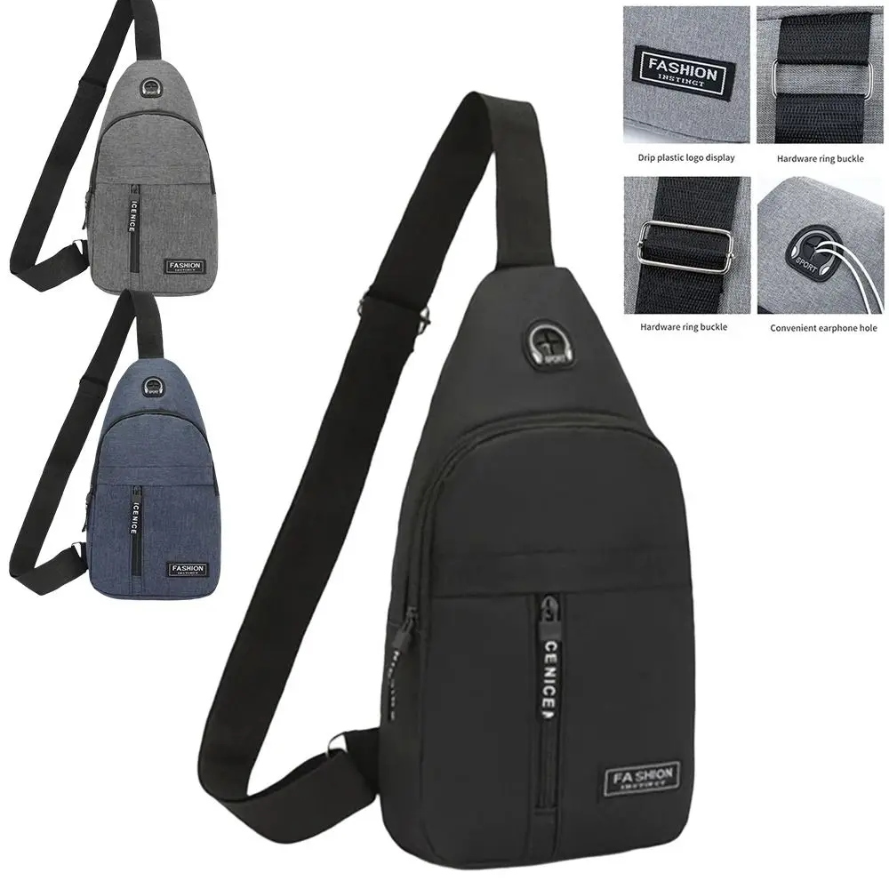 Waterproof Men's Chest Bag Durable Nylon Adjustable Shoulder Strap Crossbody Shoulder Bag Earphone Hole Design Multi-pocket
