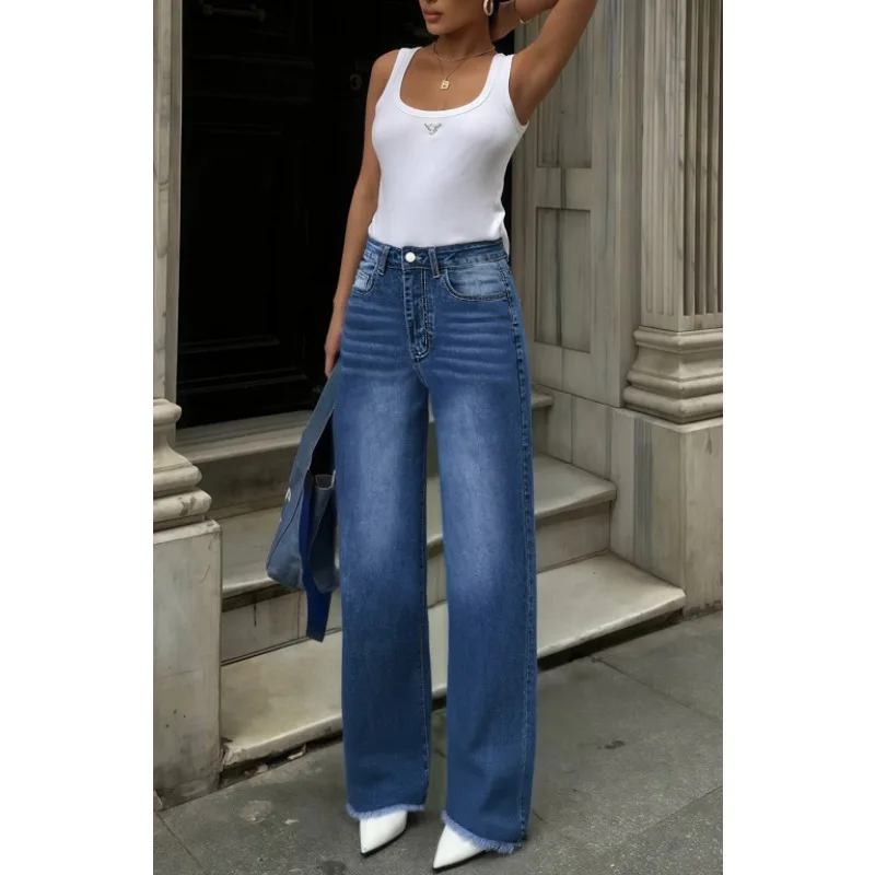 Women's High Waist Wide Leg Jeans Blue Washed Denim Pants Casual Loose Straight Leg Raw Hem Trousers Streetwear