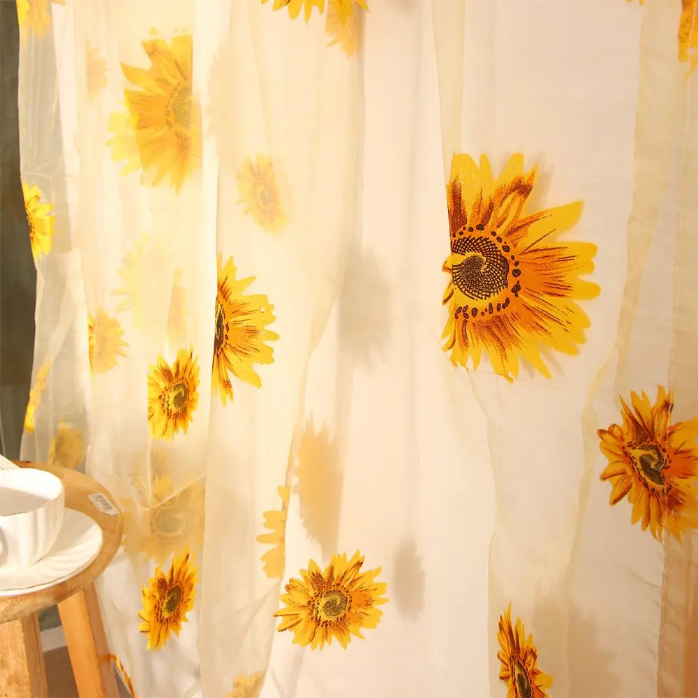 Sunflower Pattern Tulle Curtain Home Decor Voile Kitchen Balcony Room Floral Window Blind Screening Curtain Patio Decoration