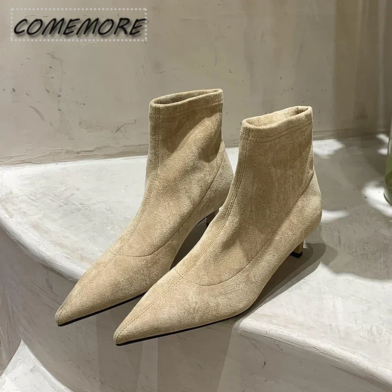 Stivaletti da donna in pelle scamosciata scarpe con tacco a punta 2025 New Fashion Chelsea Boots autunno inverno Designer Dress Pumps Snow Botas