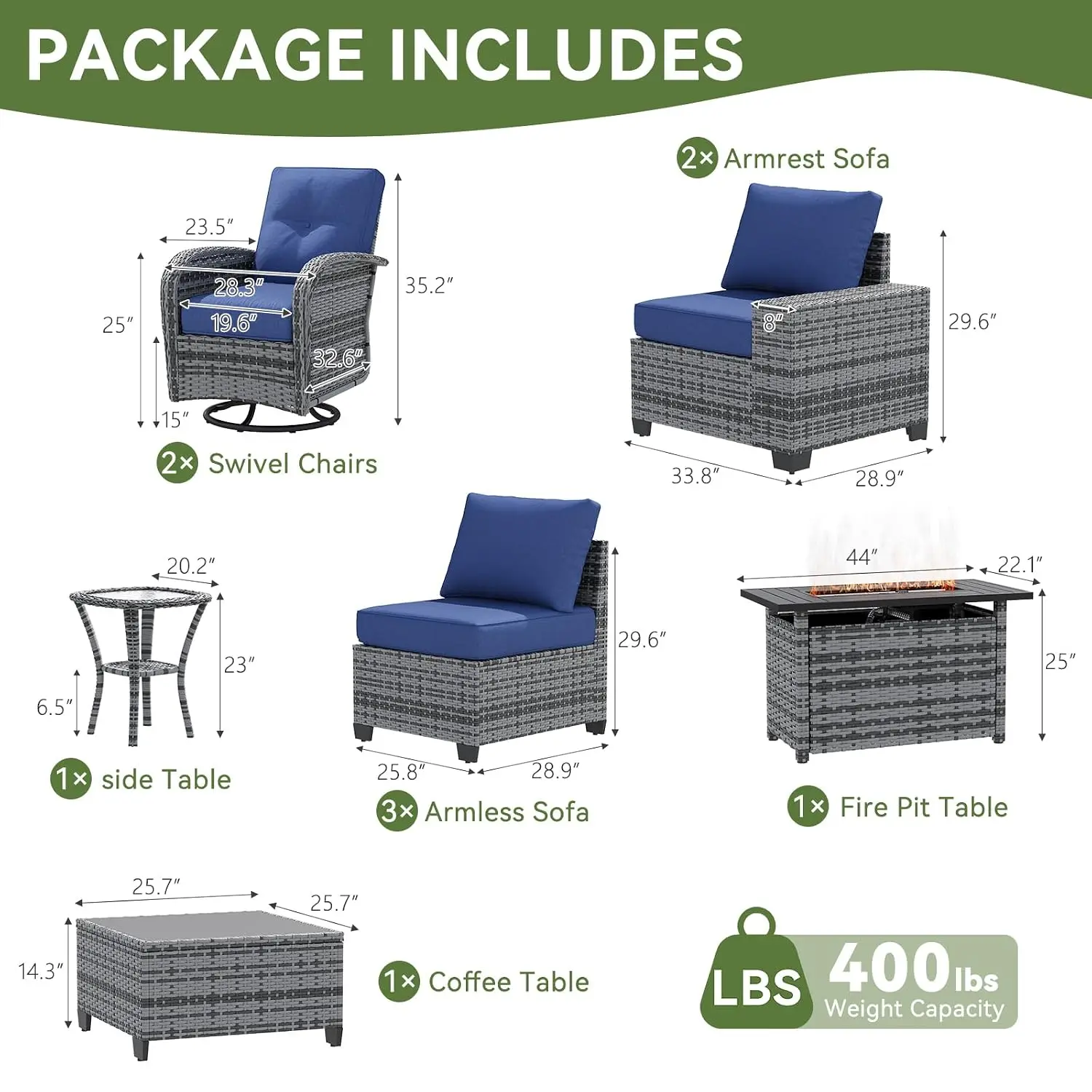 10 PCS Wicker Patio Sofa Set with 44'' Fire Pit Table, Swivel Rocker Chairs & 4'' Cushions for Backyard Poolside, Customized