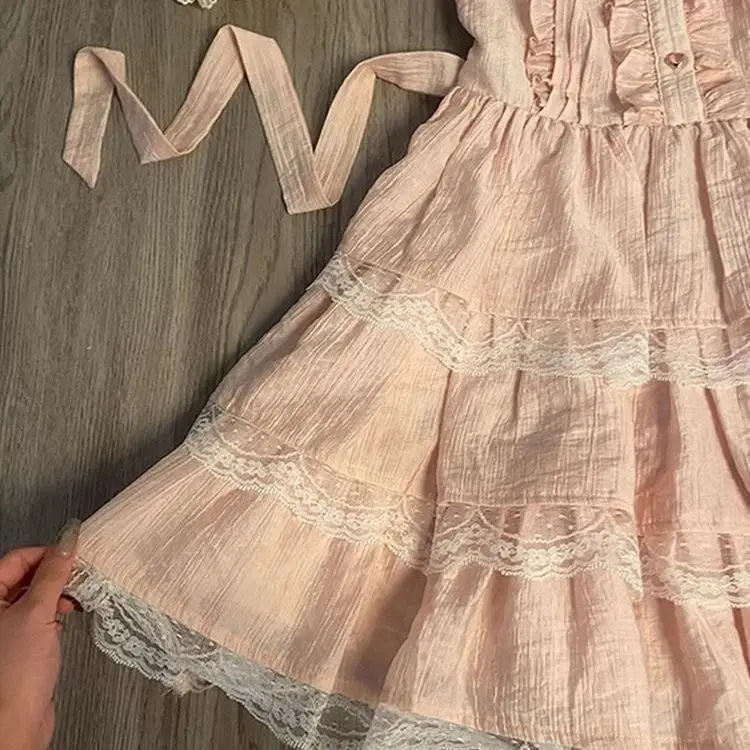 Japonês doce vestido de verão feminino rendas retalhos rosa em camadas bolo vestido lolita inspirado bonito laço peter pan colarinho vestidos
