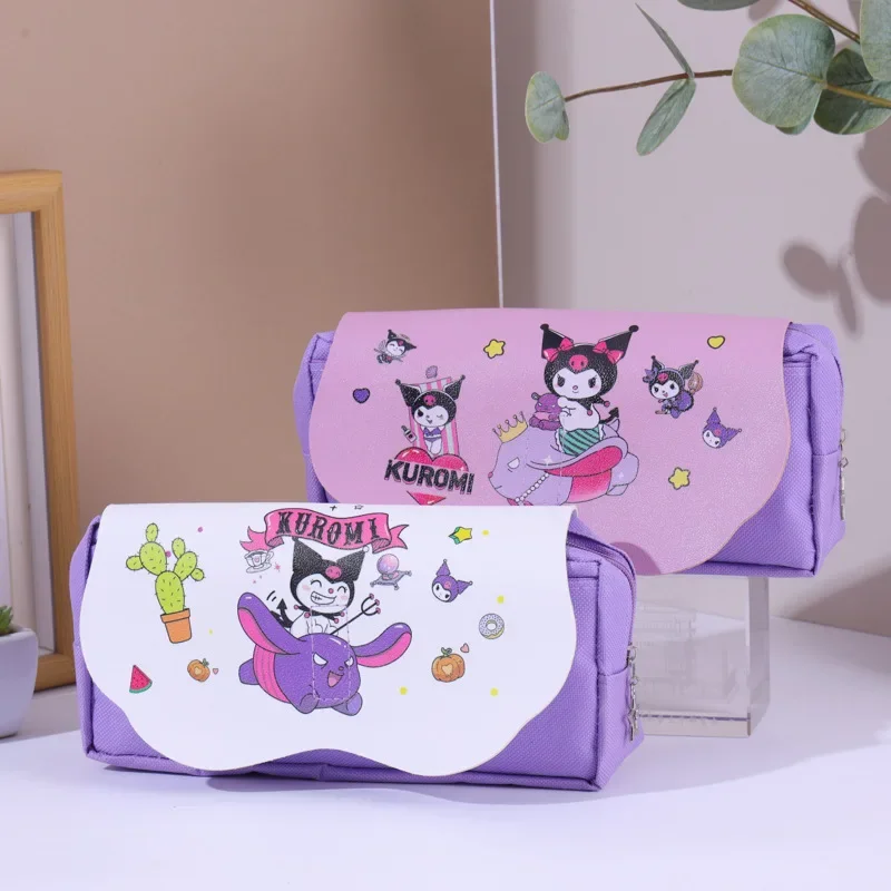 Hello Kitty Canvas Pencil Case Kuromi Cartoon Miniso Zipper Double Layer Large Capacity Pen Bag School Stationery Student Gifts