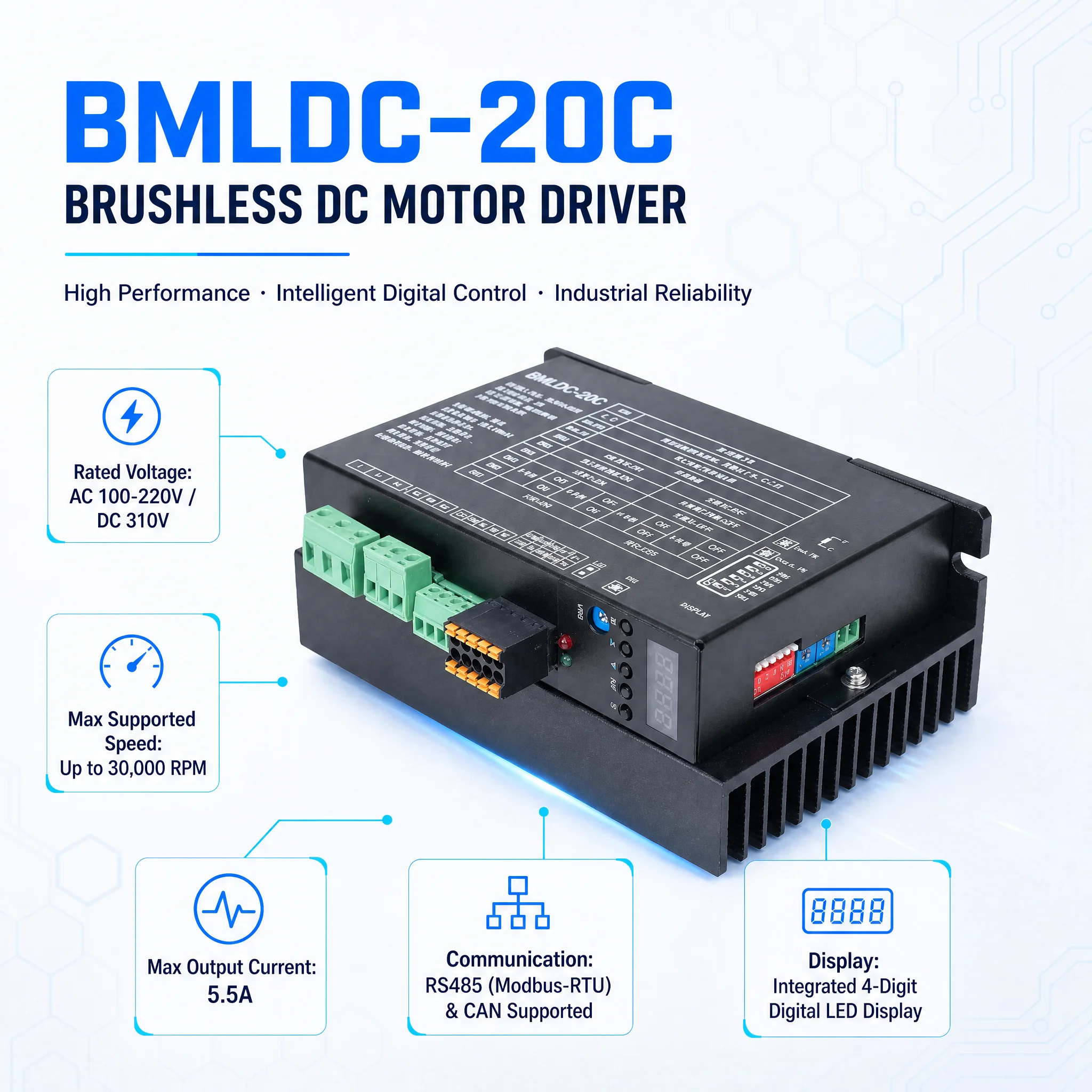High Voltage BLDC Motor Driver 20C--750W IP54 Protection 3.5A Max Current AC110V-220V/DC160V-310V Controller