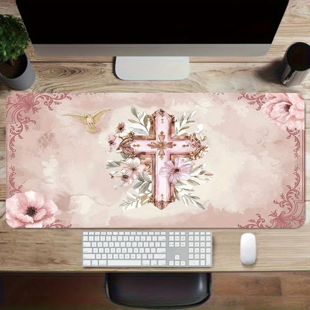 

Elegant Religious Cross Large Mouse Pad Smooth Waterproof Desk Mat for Christian Office Decor