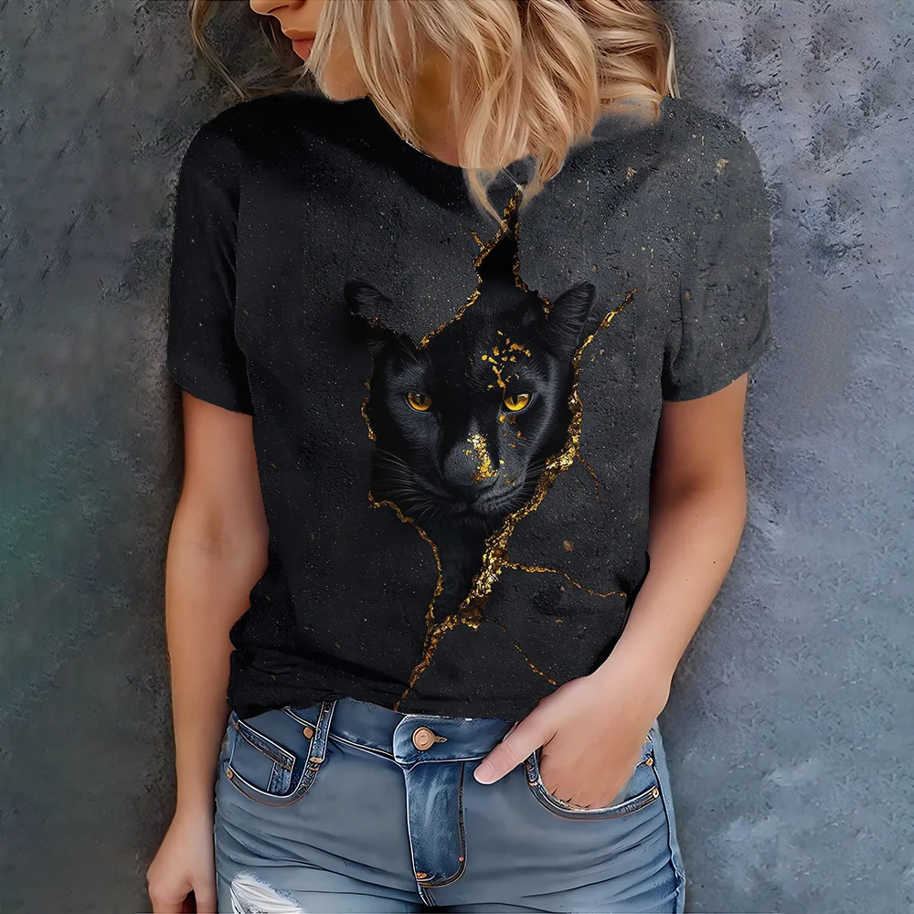 

Модная и крутая черная основа, черная повседневная женская летняя привлекательная футболка с леопардовым принтом и короткими рукавами