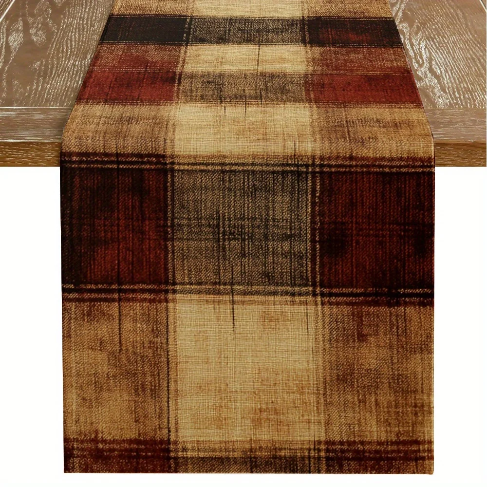 Retro Brown Plaid Table Runner - Distressed Textured Rectangular Cover for Living Room Coffee Table & Family Party Decor