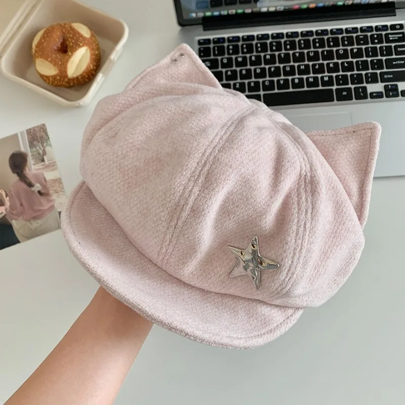 Neue Niedliche Katzenohren-Baskenmütze für Damen, Herbst- und Winter-Achteckmütze mit großem Kopfumfang, Modisches Metallstern-Design, Kurze Krempe, Newsboy-Kappe – Detail 5