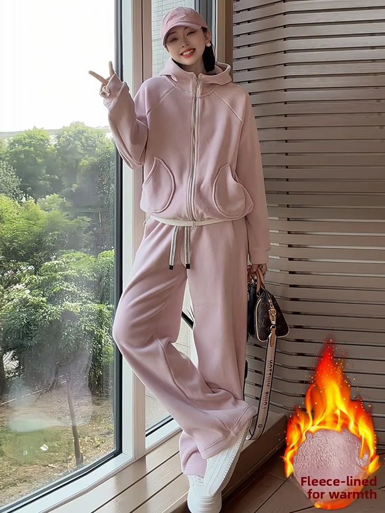 Jaet com capuz Fce dupla face e calças de pernas largas Conjunto Faion de inverno feminino Casual Sle Calças de cintura alta Thiened Wa...