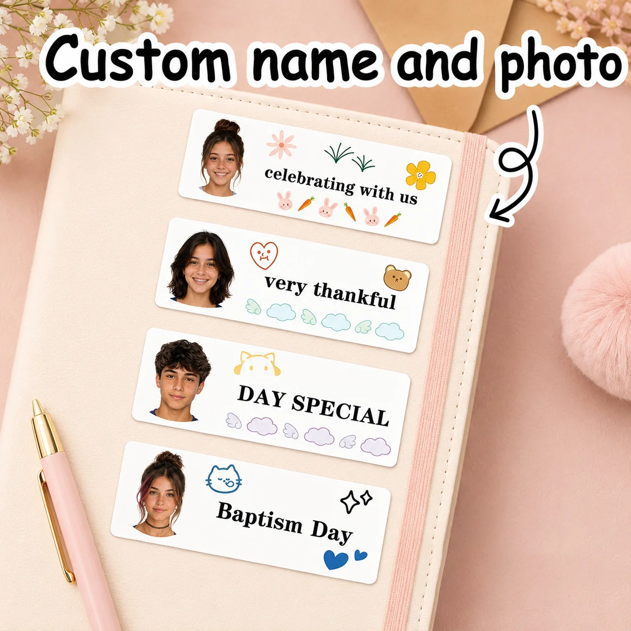 Customized Back-To-School Photo Name Stickers Customized Square Half-Portrait Photo Labels Personalized Labels for Schools, Offices, Water Bottles, Pencils - Non-Curling Adhesive Waterproof Name Tags School Classroom Backpacks Luggage Back-To-School Gift for Son or Daughter