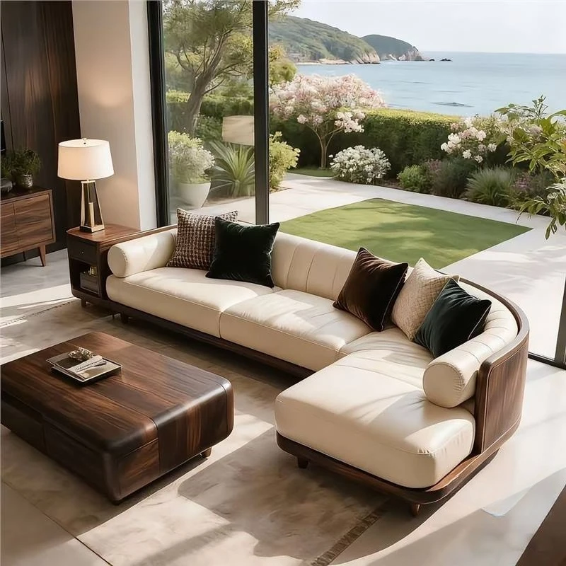 North American Black Walnut Solid Wood Minimalist Corner Sofa, Office Reception Modern Simple Sofa Villa