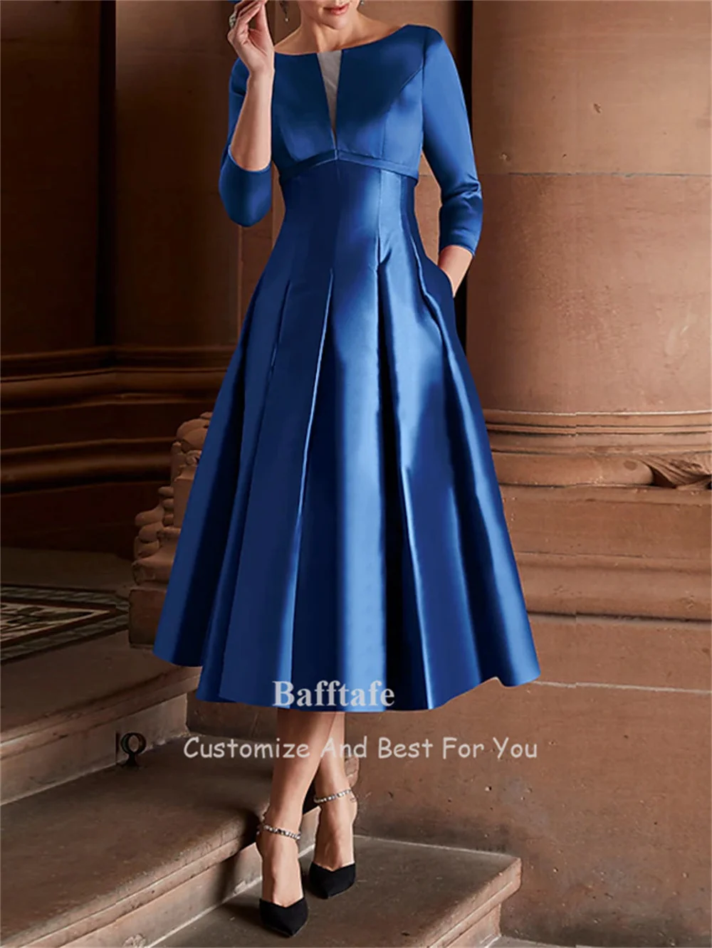 Bafftafe A Line Satin Midi Prom Dresses 3/4 Sleeves Women Outfits Pockets Formal Party Dress Pleated Evening Gowns Customized