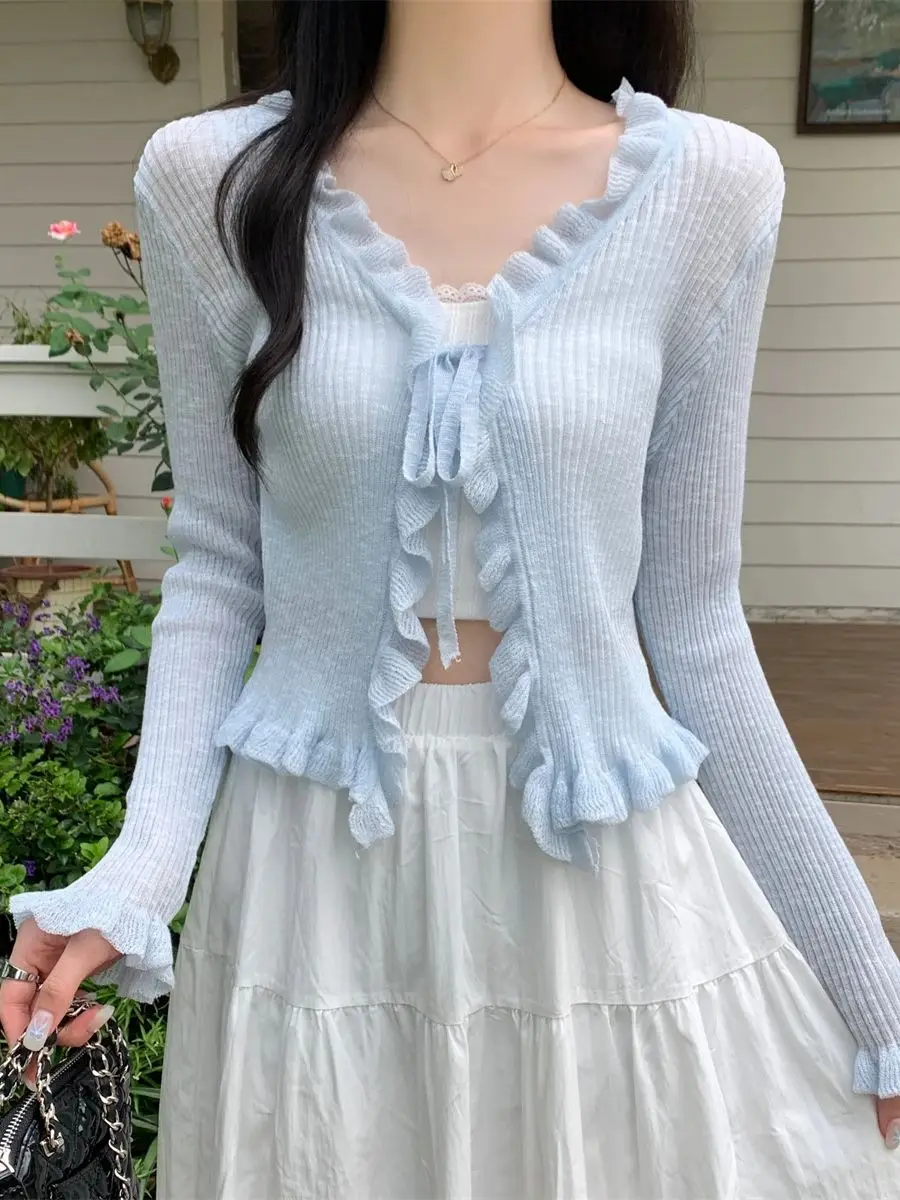 

Women's Baby Blue Ruffled Lace-Up Cardigan Cropped Summer Knit Cover-Up Sun Protection Lightweight Shawl