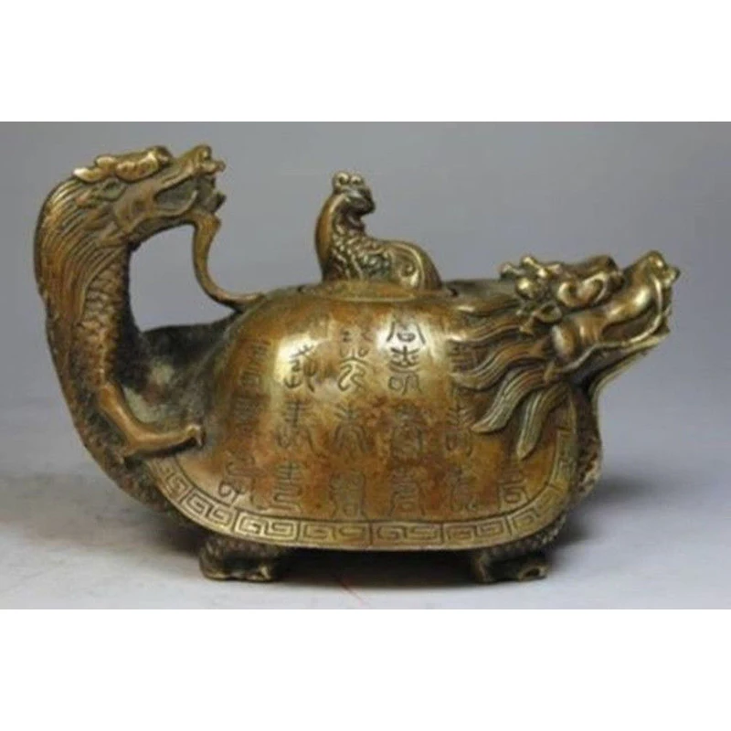 Elaborate Chinese Antique Imitation Handmade Old Copper Dragon Turtle Statue Teapot