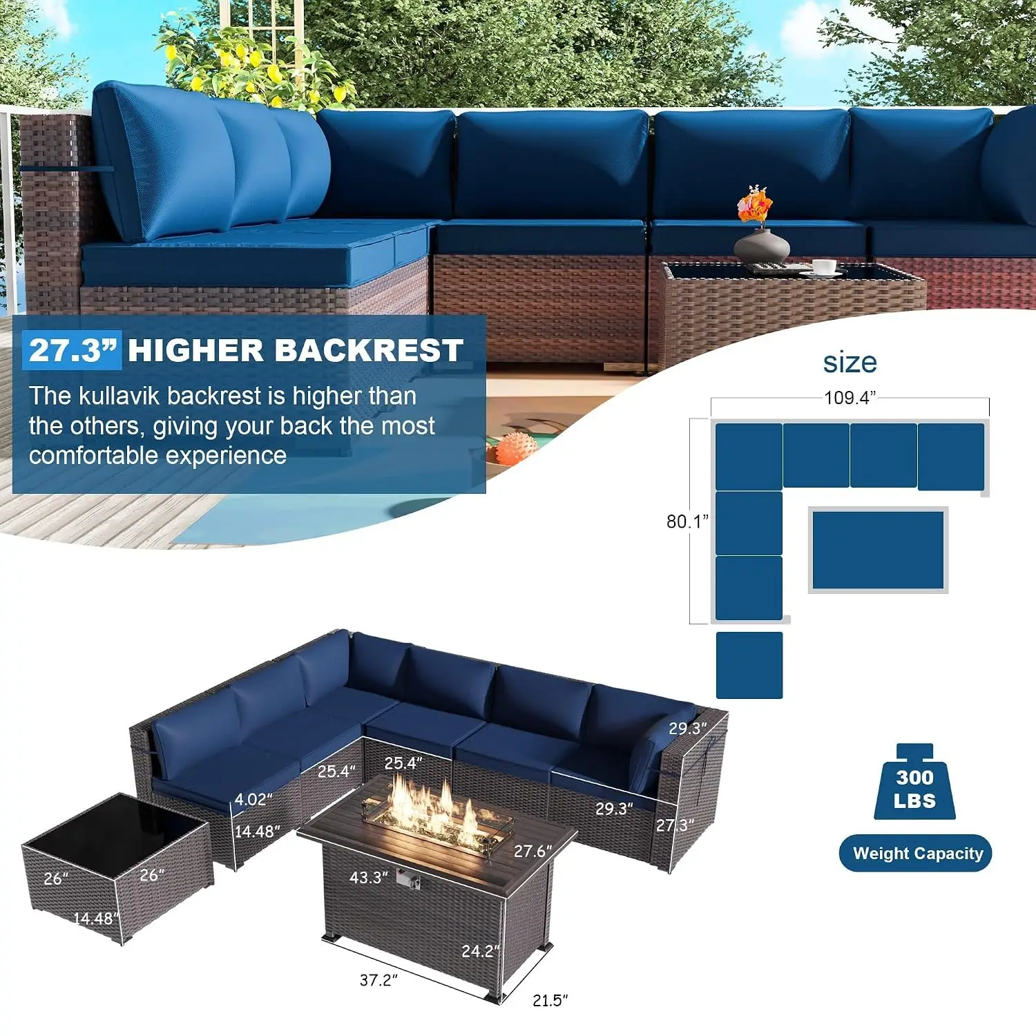 8 Piece Wicker Patio Furniture Set with Fire Pit Table, Custom