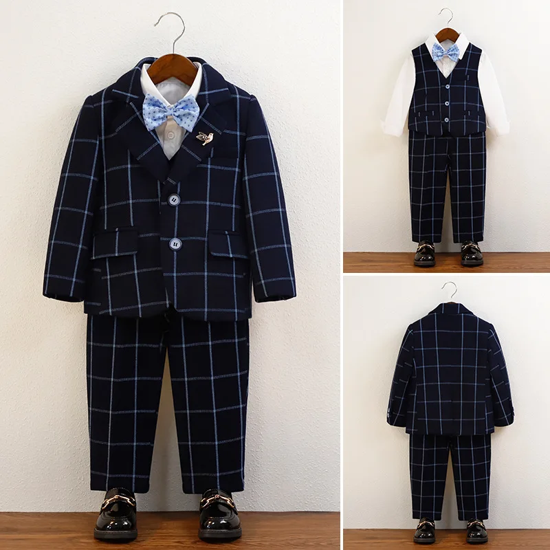 Children Plaid Blue Jacket Vest Pants Bowtie Bird 5PCS Luxurious Photograph Dress Kids Birthday Party Suit Boys Wedding Tuxedo