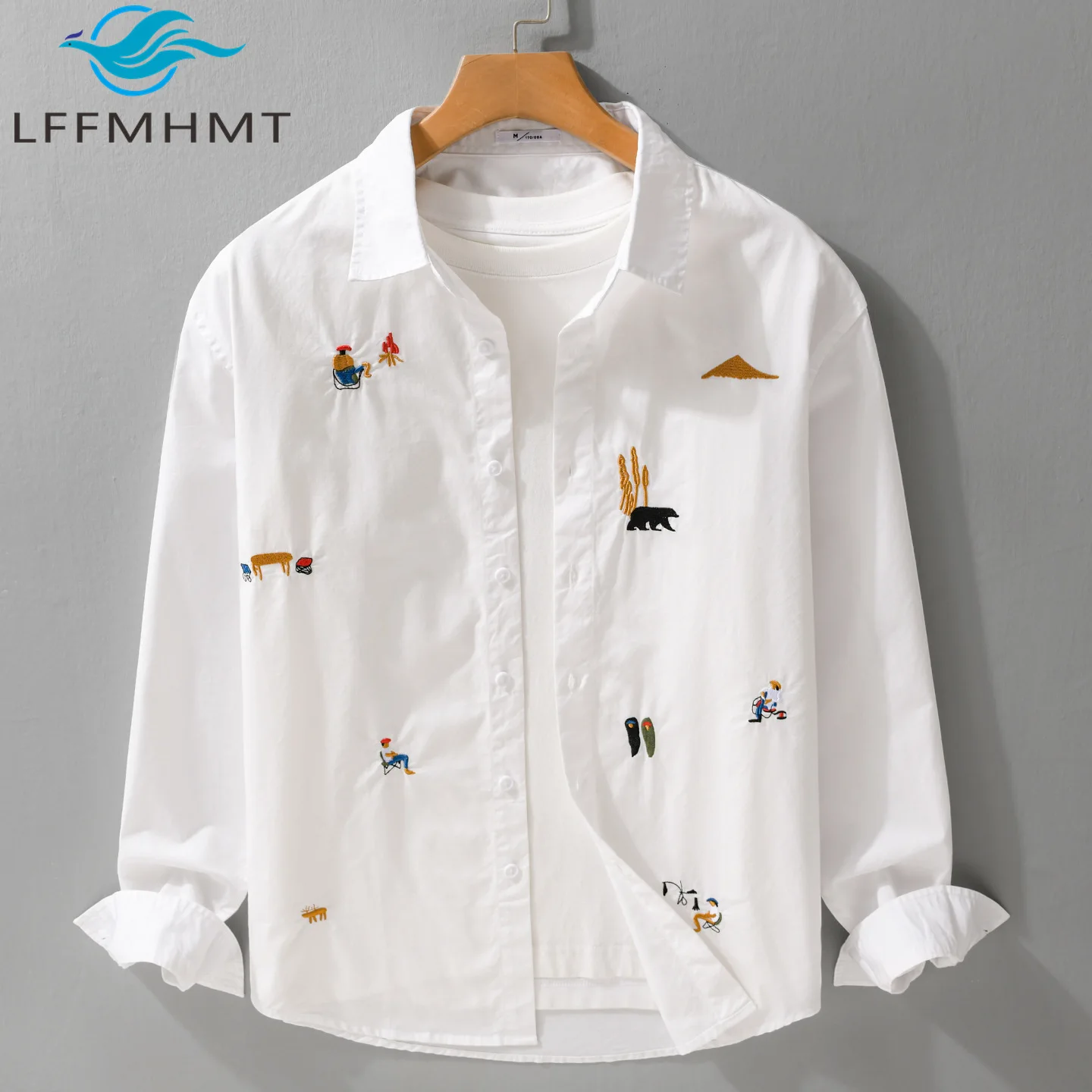 8020 Spring Fashion Men's Long Sleeve Shirt 100% Cotton Good Quality Cute Embroidery Fresh Japan Style Loose Casual Daily Blouse