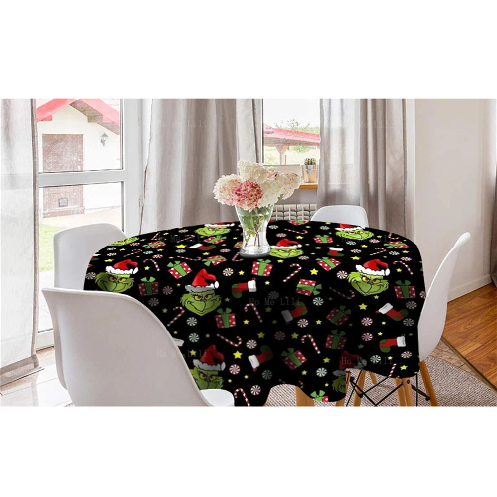 Merry Christmas Candy Cane Snowflakes And Stars Stocking Gift Festival Polyester Round Tablecloth