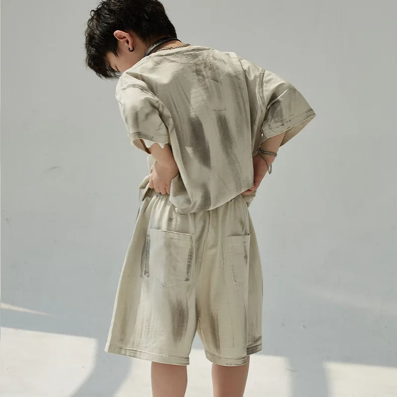 Boys suit 2024 Korean style Summer New Fashion two piece set Paint T shirt shorts cool casual thin loose Summer children suit