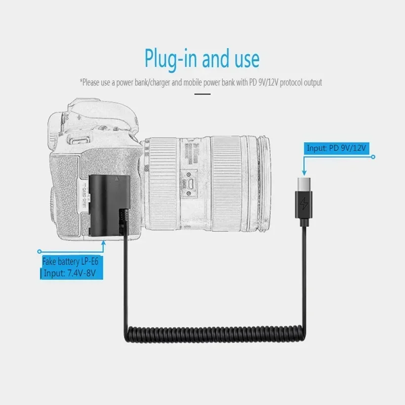 

Type-C/USB-C To LP-E6 LP-E6N Dummy Battery DC Power AC Adapter For Canon EOS 5D 6D 7D 90D 80D Mark II III IV 5DS R R5C Camera