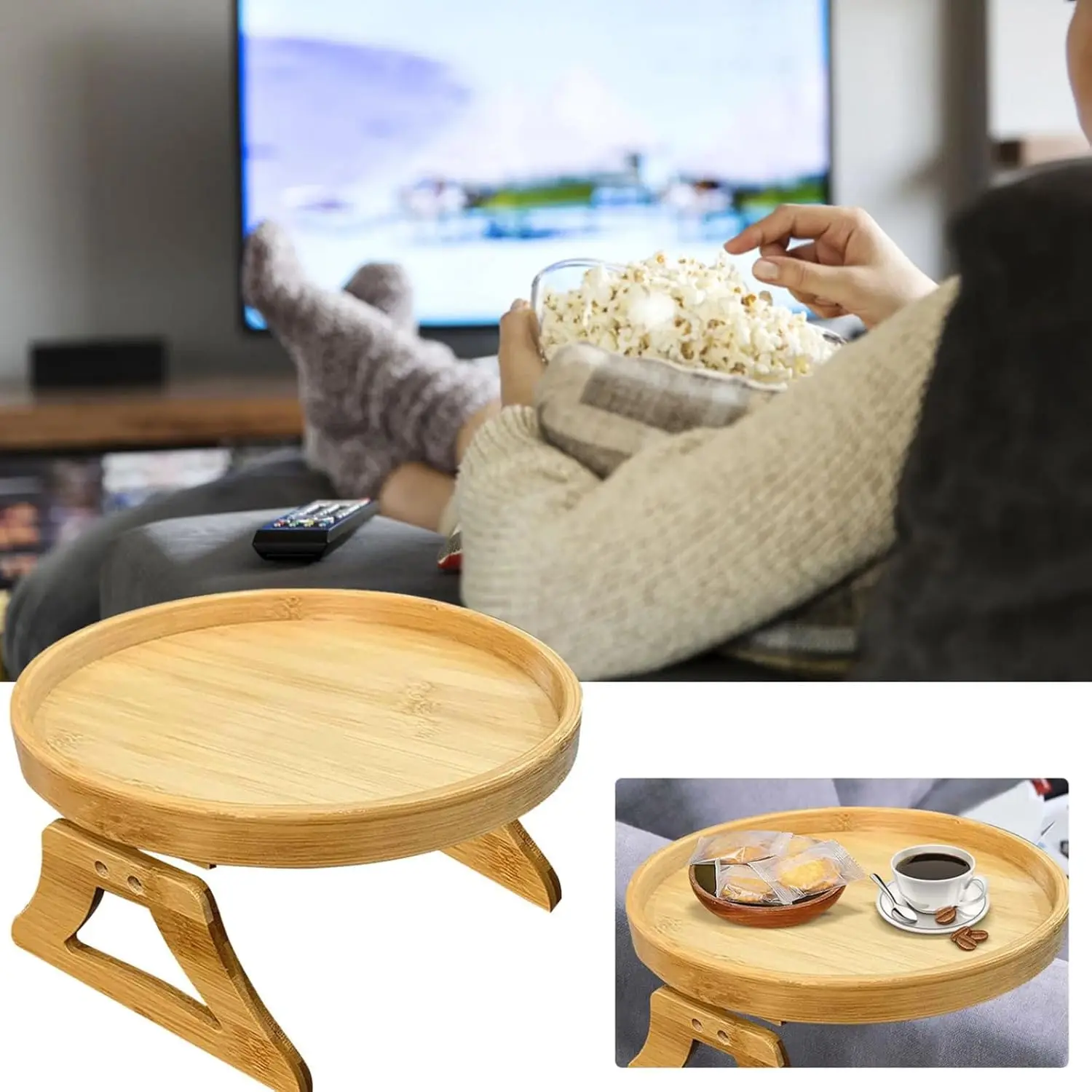 Natural Wooden Sofa Tray Couch Arm Desk Clip on Foldable Sofa Tray Table Practical TV Snack Tray for Remote Control Coffee Snack