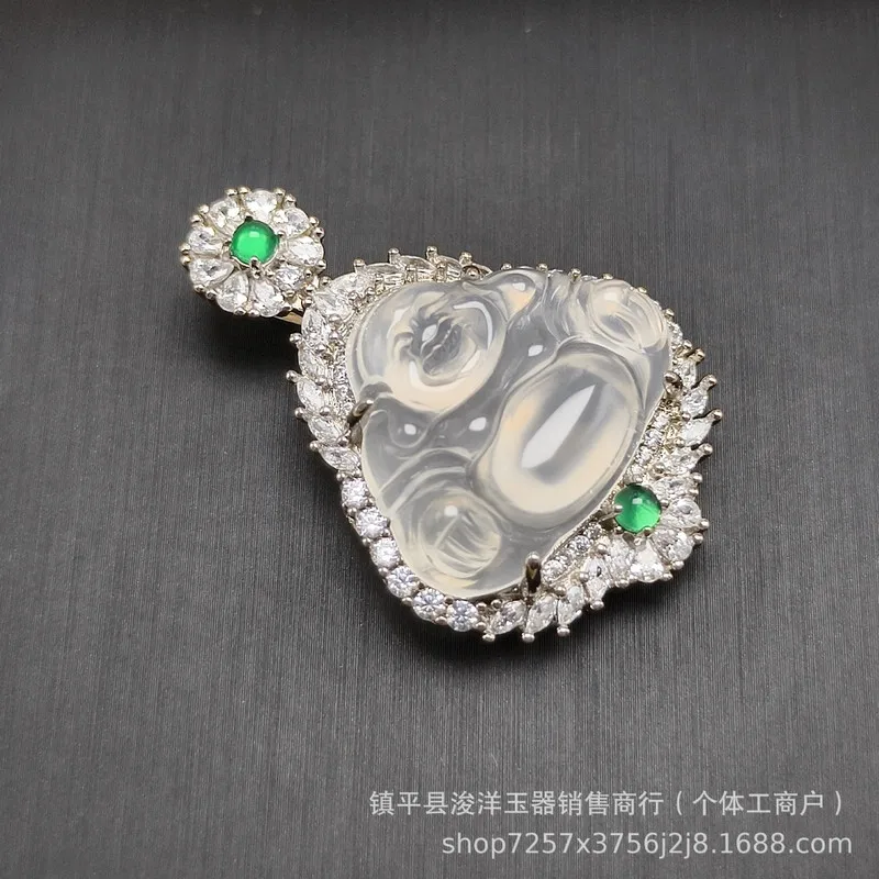 Silver-plated pendant with high-quality ice chalcedony, featuring the Laughing Buddha, Maitreya Buddha, and green agate gemstone
