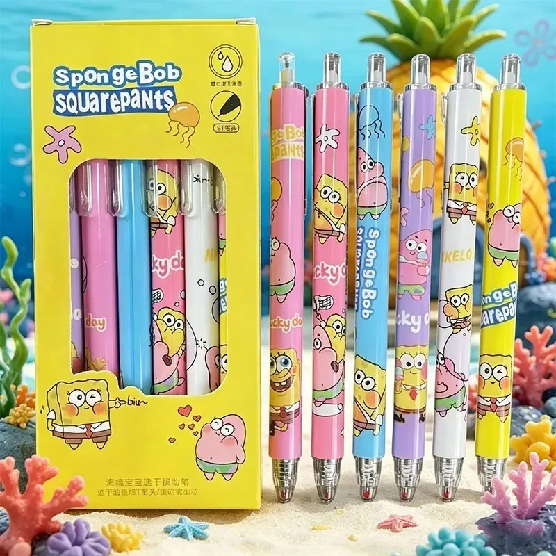 Stylos gel rétractables en boîte, motif Bob l'éponge, design esthétique, cœur girly, séchage rapide, grande capacité, encre noire