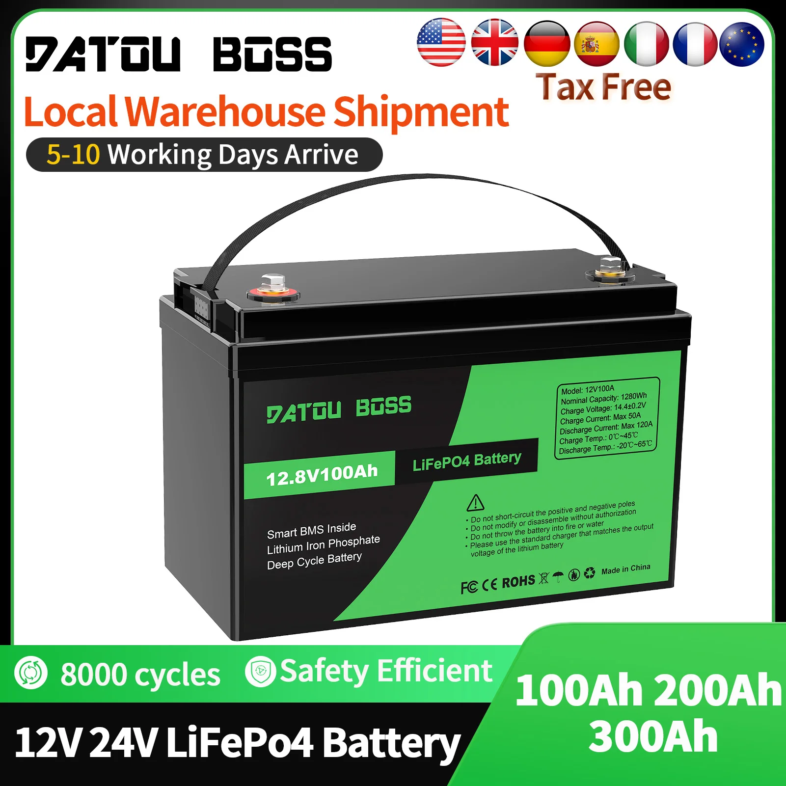 DATOUBOSS LiFePO4 12V Battery with BMS 8000Cycles, 100A 200A 300A, for Inverter, Motorhome, Solar System, Boat, Household, Solar