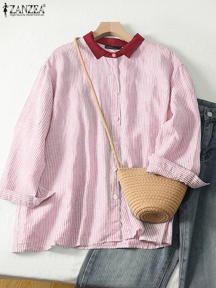 ZANZEA 2024 Commuting Buttons Shirts Women Casual Drop Shoulder Long Sleeve Tops Turn Down Collar Stripes Splicing Blouses