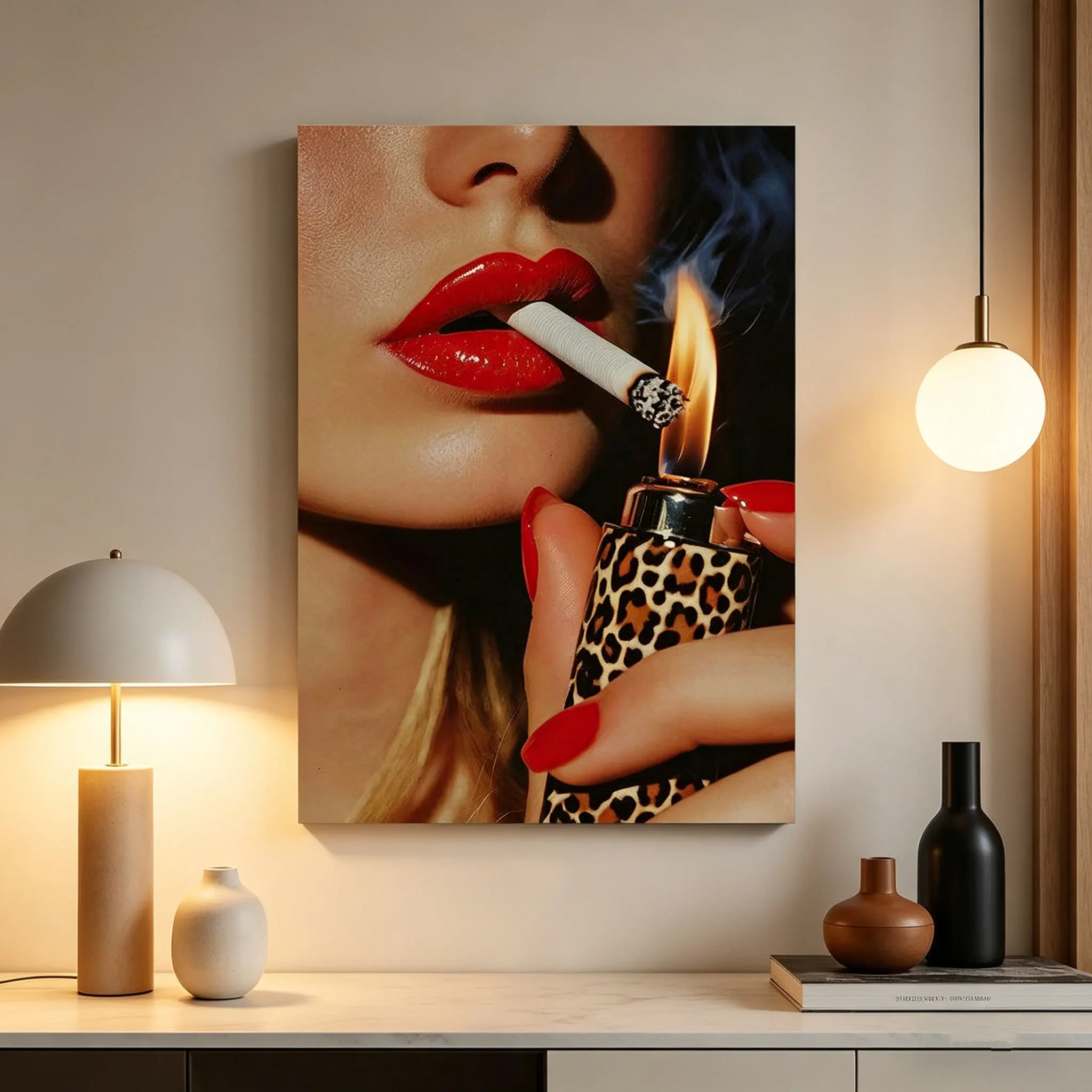 

Sexy Leopard Print Fashion Woman Canvas Poster Red Lip Smoking Art Bold Female Cigarette Painting Luxury Bar KTV Club Wall Decor