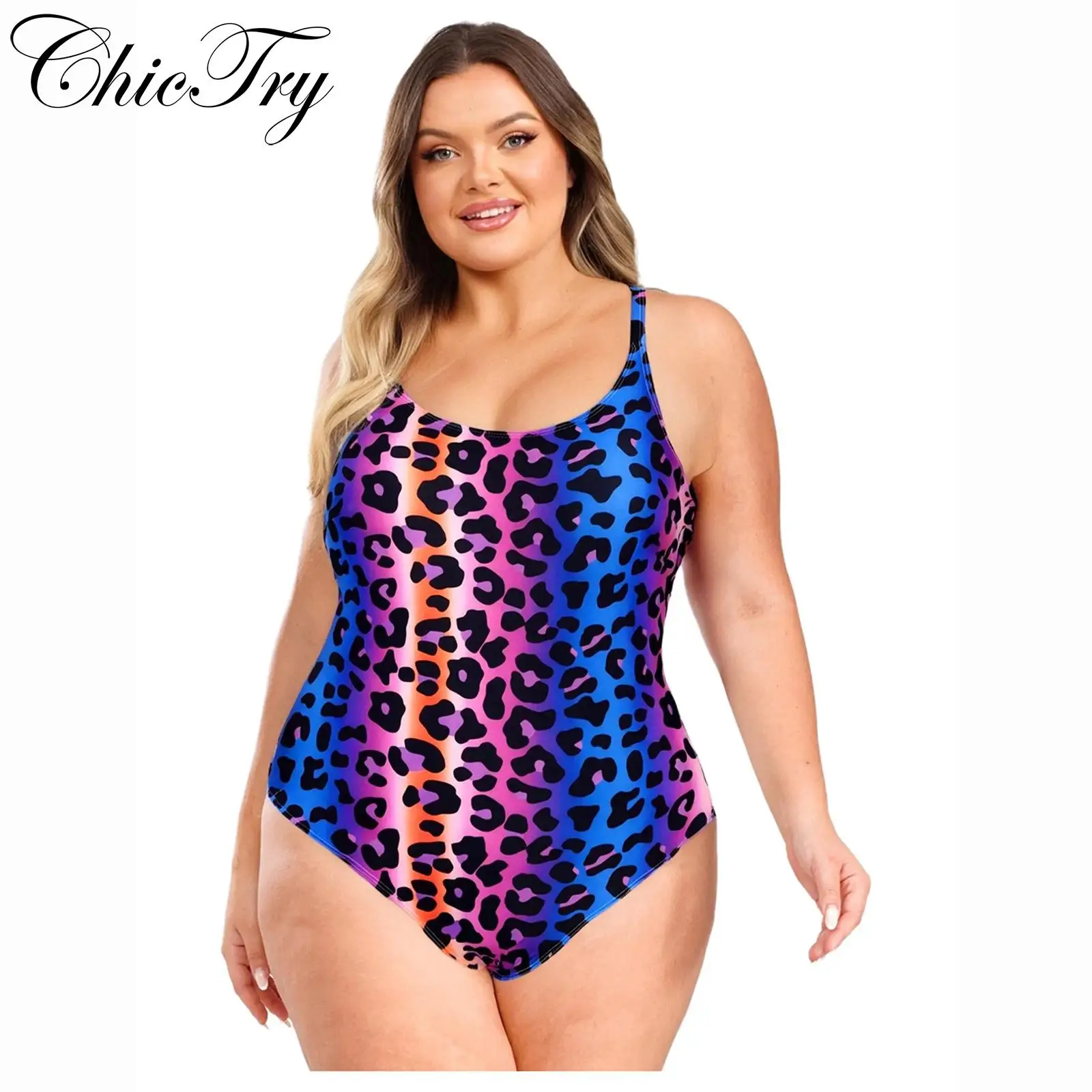 

Women Plus Size Fashion One Piece Swimsuit Criss Cross Shoulder Straps Slim Fit Athletic Swimwear Leopard Print Bathing Suit