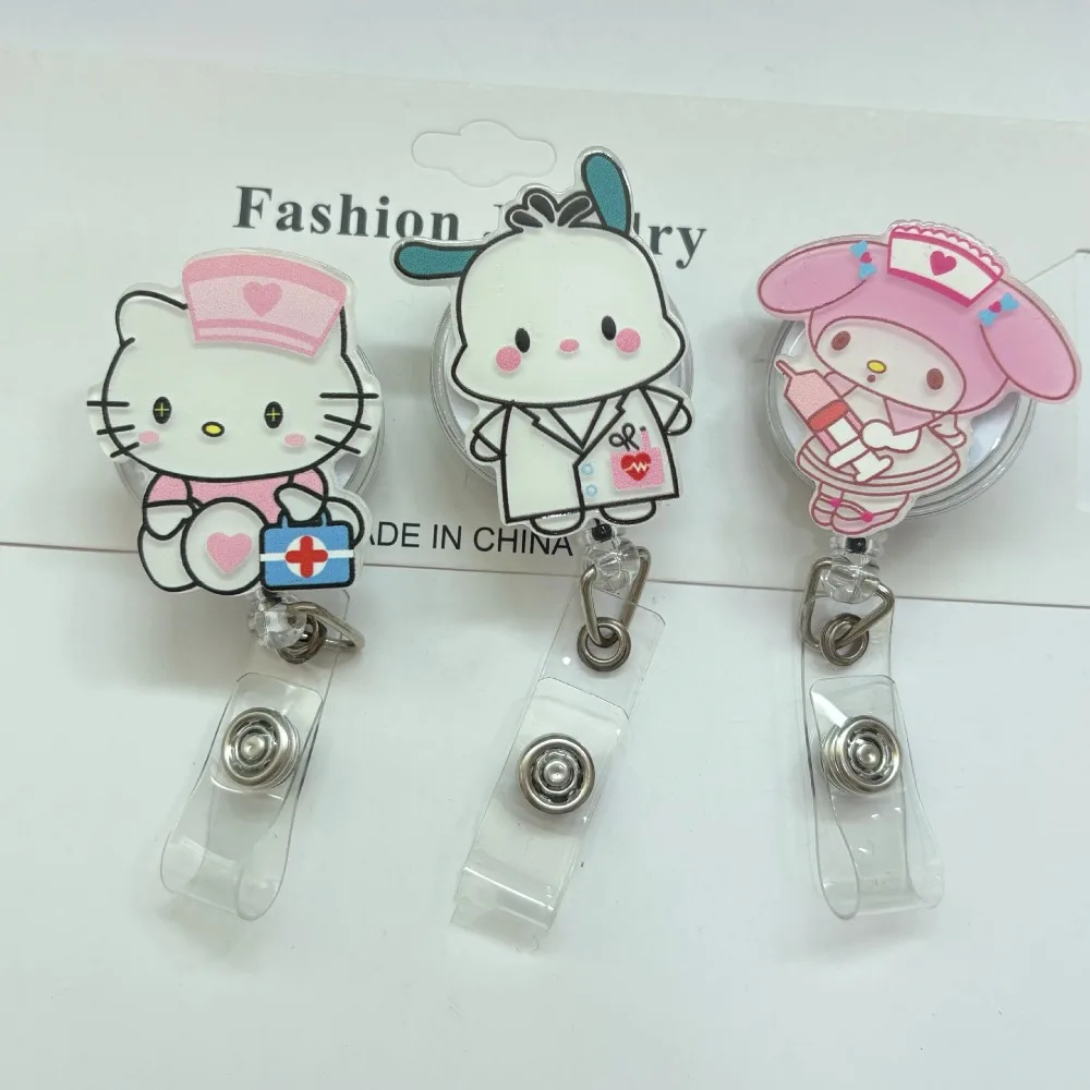 Sanrio Hello Kitty Retractable Badge Reel Keychain Cartoon Kuromi Cinnamoroll Nurse Doctor Office Hospital Name Card Holder